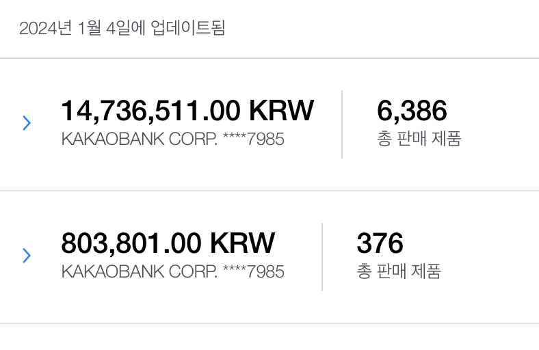 2023년 11월경의 수익금. 국내/국외로 나뉘어 있다. 앱스토어 제작자 콘솔 화면 캡처.