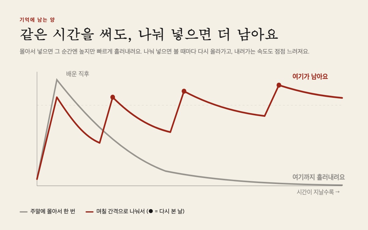 몰아서 넣으면 빠르게 흘러내리고, 나눠 넣으면 볼 때마다 다시 올라가요
